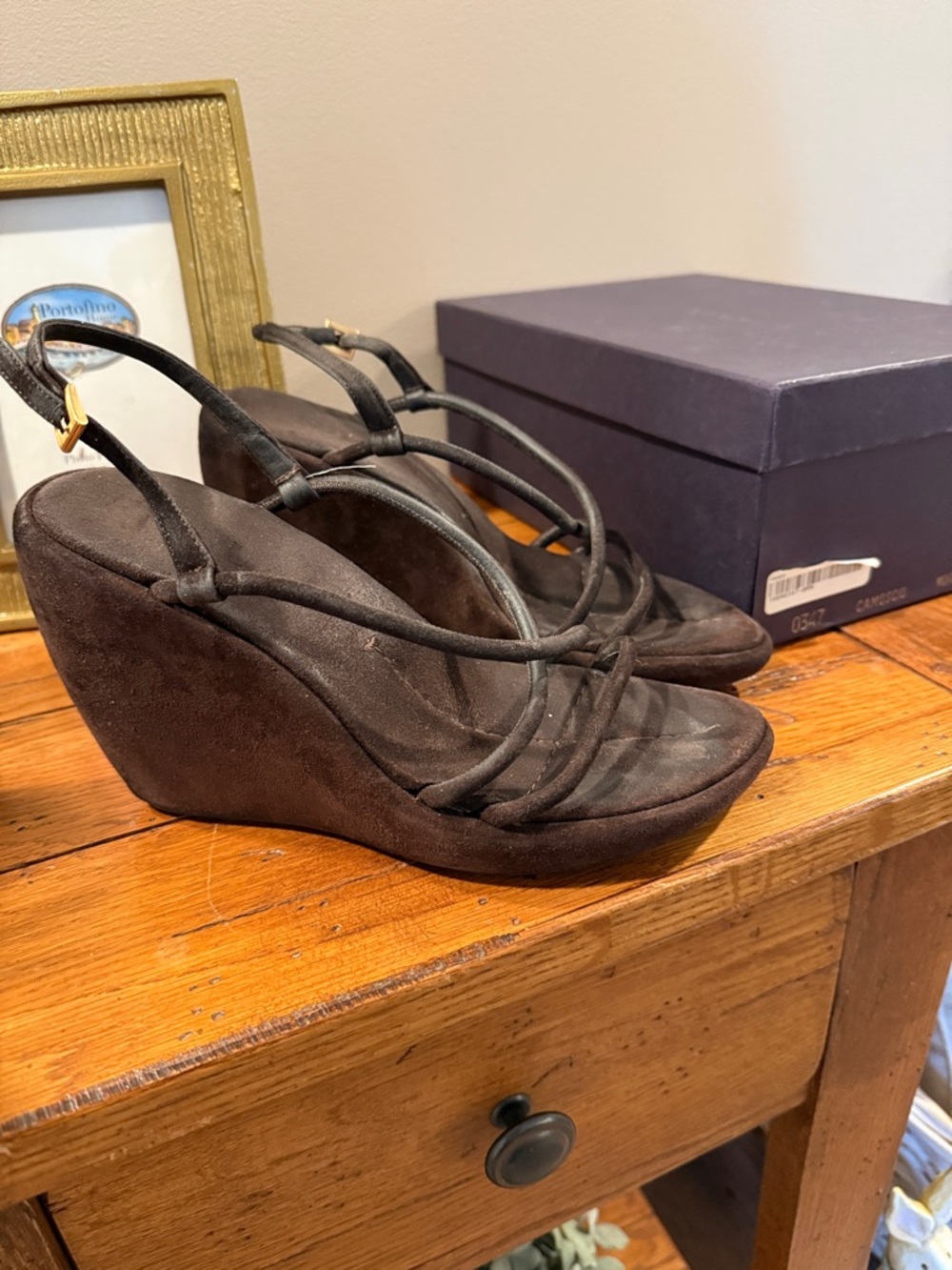 Prada Women’s Brown Suede Wedge Sandals - Strappy Slingback